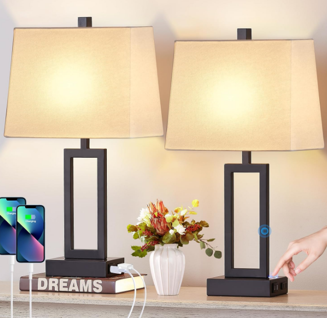 23.5" Touch Control Table Lamps Set of 2, Bedside Lamp with 2 USB Ports & AC Outlet, 3-Way Dimmable Nightstand Lamp with White Linen Shade for Living Room Bedroom End Table Office(2 LED Bulb Included)