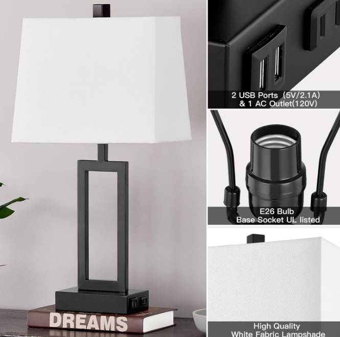 23.5" Touch Control Table Lamps Set of 2, Bedside Lamp with 2 USB Ports & AC Outlet, 3-Way Dimmable Nightstand Lamp with White Linen Shade for Living Room Bedroom End Table Office(2 LED Bulb Included)