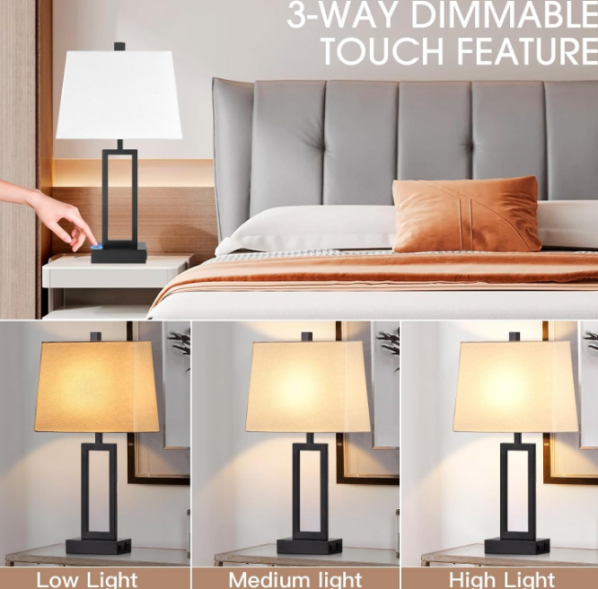 23.5" Touch Control Table Lamps Set of 2, Bedside Lamp with 2 USB Ports & AC Outlet, 3-Way Dimmable Nightstand Lamp with White Linen Shade for Living Room Bedroom End Table Office(2 LED Bulb Included)