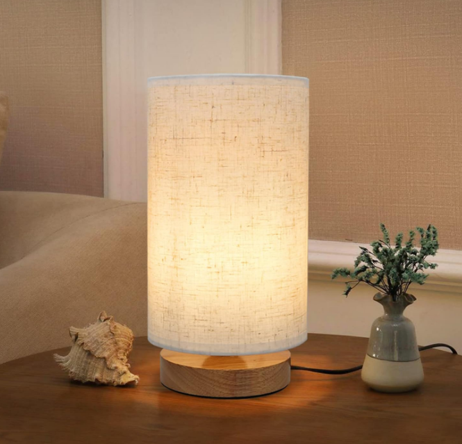 Bedside Night Table Lamp for Bedroom, Minimalist Nightstand Lamp with Round Fabric Linen Shade, Study Reading Desk Lamp for Kids Room, Living Room, College Dorm, Home, Office