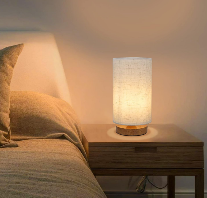 Bedside Night Table Lamp for Bedroom, Minimalist Nightstand Lamp with Round Fabric Linen Shade, Study Reading Desk Lamp for Kids Room, Living Room, College Dorm, Home, Office