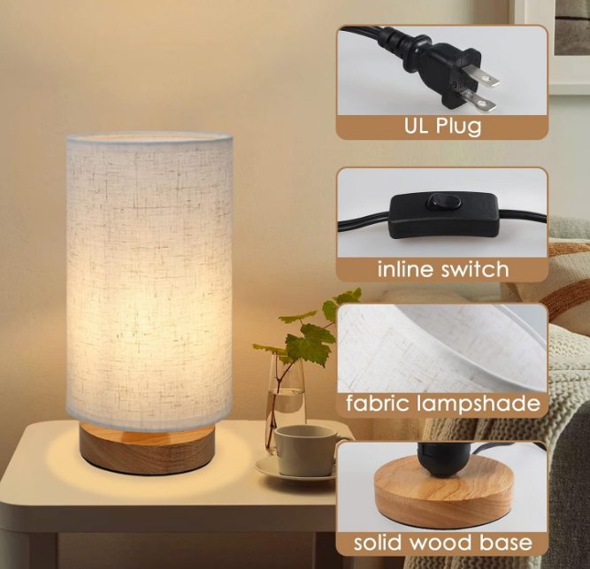 Bedside Night Table Lamp for Bedroom, Minimalist Nightstand Lamp with Round Fabric Linen Shade, Study Reading Desk Lamp for Kids Room, Living Room, College Dorm, Home, Office