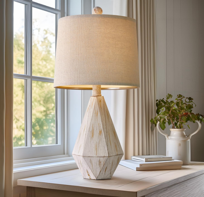 20.25" Farmhouse Table Lamp for Nightstand, Vintage Bedside Lamps, Rustic Small Lamp, Modern Side Table Lamp for Living Bed Room Home with Linen Lampshade, White