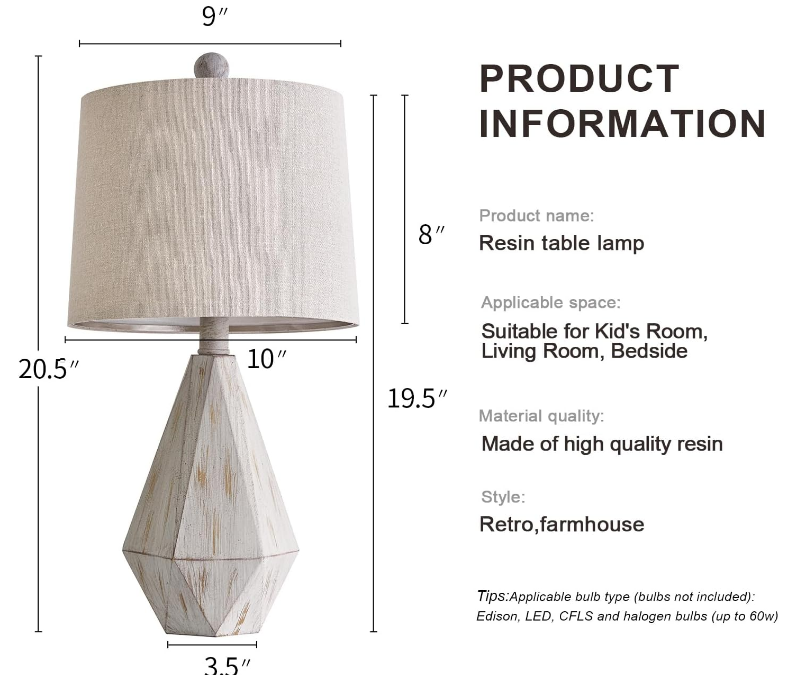 20.25" Farmhouse Table Lamp for Nightstand, Vintage Bedside Lamps, Rustic Small Lamp, Modern Side Table Lamp for Living Bed Room Home with Linen Lampshade, White