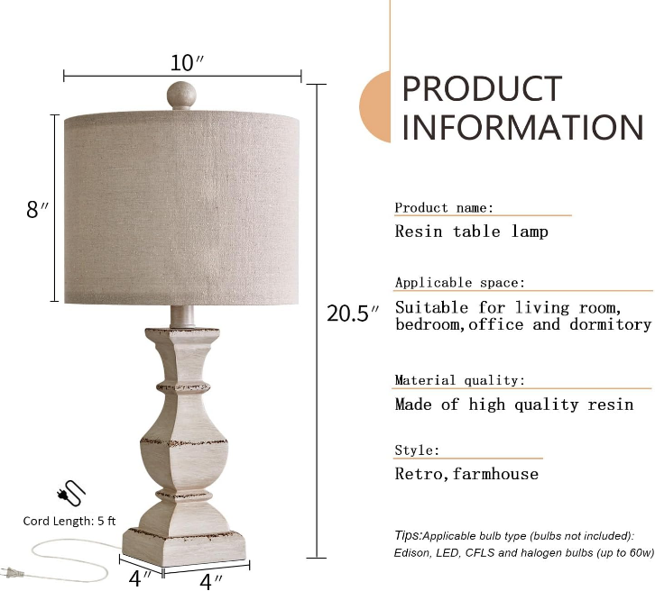 20.5" Farmhouse Table Lamp, Vintage Bedside Lamps for Bedroom, Rustic Small End Table Lamps for Living Room, Traditional Nightstand Desk Lamps Distressed Washed White, Suitable for Small Place