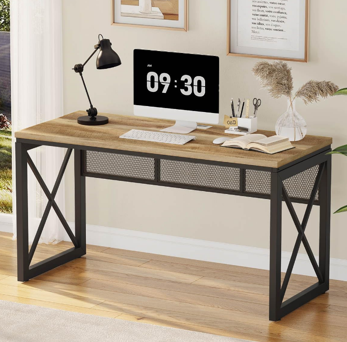 Farmhouse Computer Desk, Modern Industrial Home Office Desk, Wood Metal Study Writing Table, Sturdy Gaming Desk (Vintage Oak, 54 Inch)