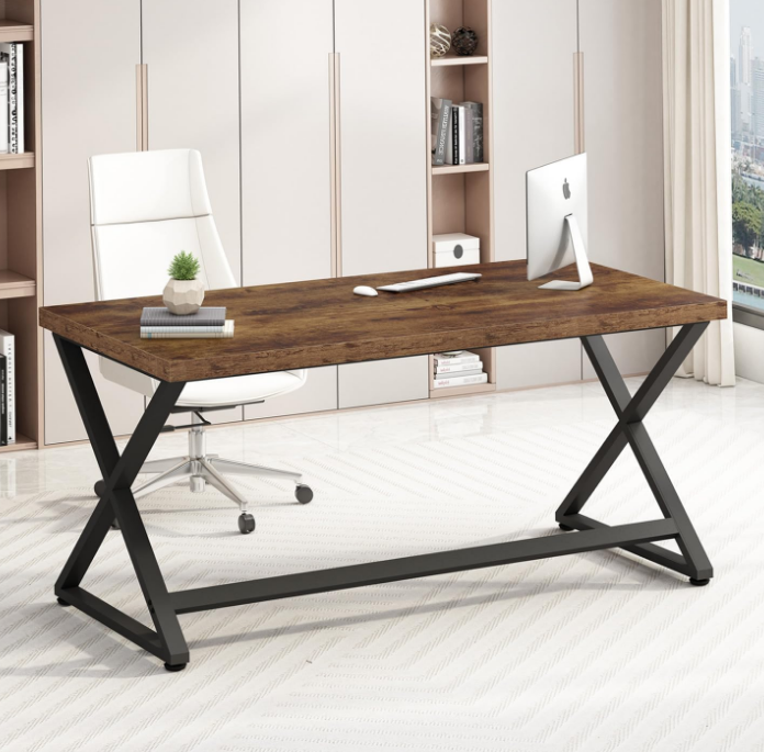 Rustic Computer Desk, Industrial 47” Home Office Desk, Farmhouse Wood Metal Work Desk for Writing Study, Vintage Minimalist Executive Workstation PC Gaming Table in Bedroom, Rustic Brown