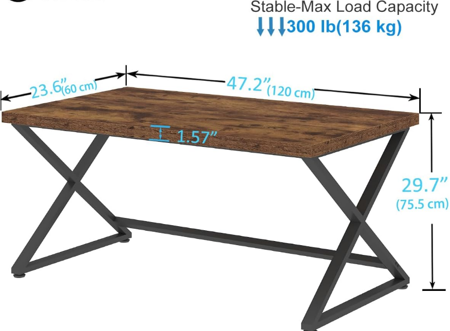 Rustic Computer Desk, Industrial 47” Home Office Desk, Farmhouse Wood Metal Work Desk for Writing Study, Vintage Minimalist Executive Workstation PC Gaming Table in Bedroom, Rustic Brown