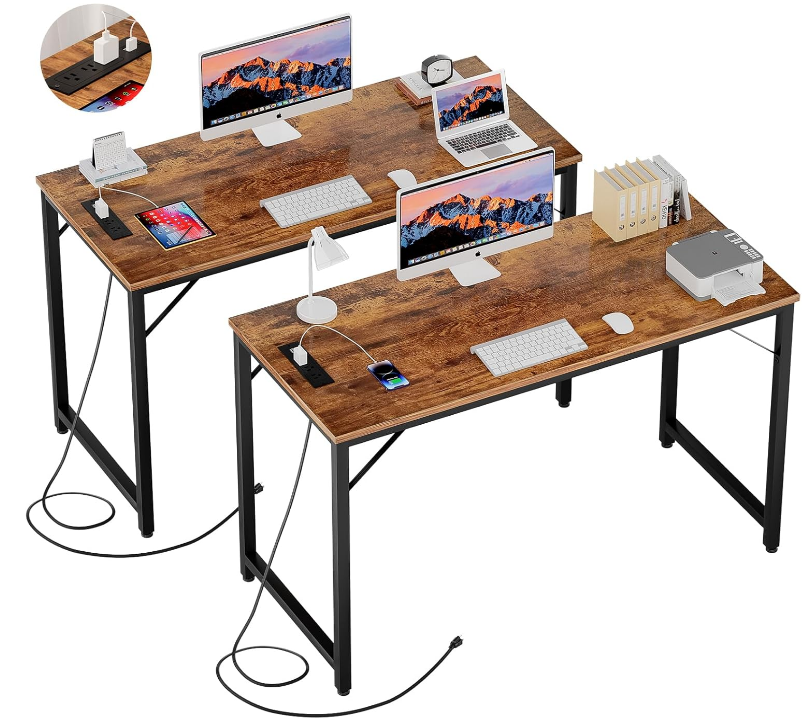 47 Inch Computer Desk with Magic Power Outlets, Modern Office Desk with USB Charging Ports, Sturdy Writing Table, Simple Laptop PC Gaming Desk for Bedroom Workstation, Rustic Brown, 2 Pack