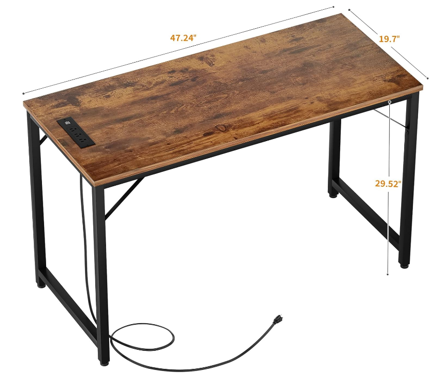 47 Inch Computer Desk with Magic Power Outlets, Modern Office Desk with USB Charging Ports, Sturdy Writing Table, Simple Laptop PC Gaming Desk for Bedroom Workstation, Rustic Brown, 2 Pack