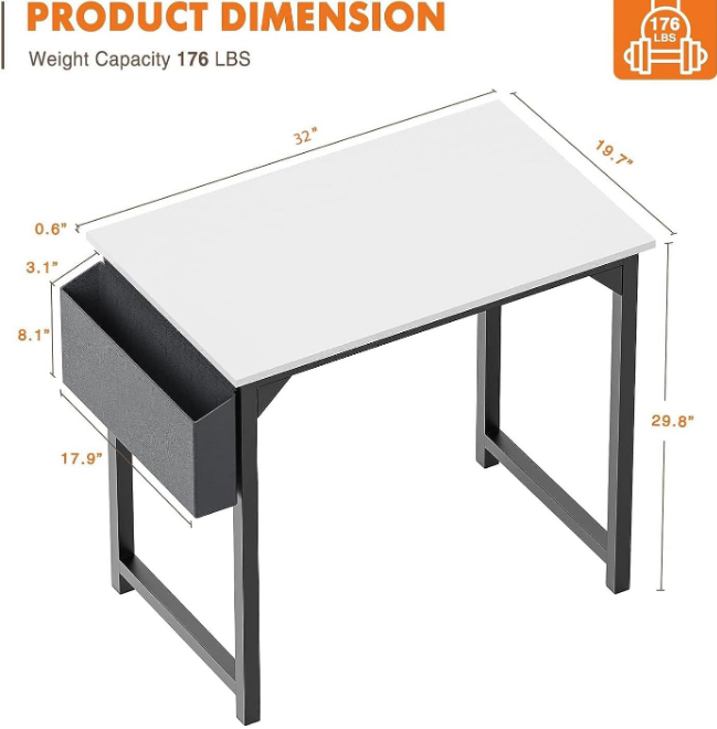 Computer Desk - 32 Inch Small Office Writing Work Study Kids Student Teacher Home Bedroom Table Storage Bag Headphone Hooks & no Wheels - White