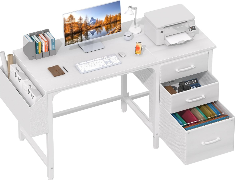 White Computer Desk with File Drawers Cabinet, 47 Inch Home Office Desks with Fabric Filing Cabinet for Small Space, Modern Writing Table PC Desks, White
