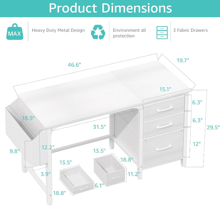 White Computer Desk with File Drawers Cabinet, 47 Inch Home Office Desks with Fabric Filing Cabinet for Small Space, Modern Writing Table PC Desks, White