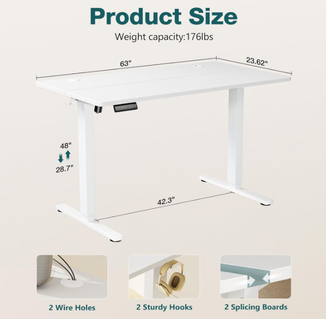 Standing Desk, Adjustable Height Electric Sit Stand Up Down Computer Table, 63x24 Inch Ergonomic Rising Desks for Work Office Home, Modern Gaming Desktop Workstation, White