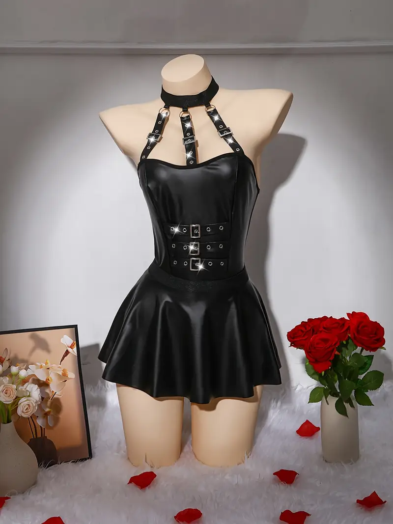 Black Mesh and Leather Babydoll Lingerie