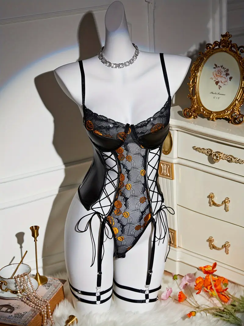 Black Floral Halloween Lace Bodysuit