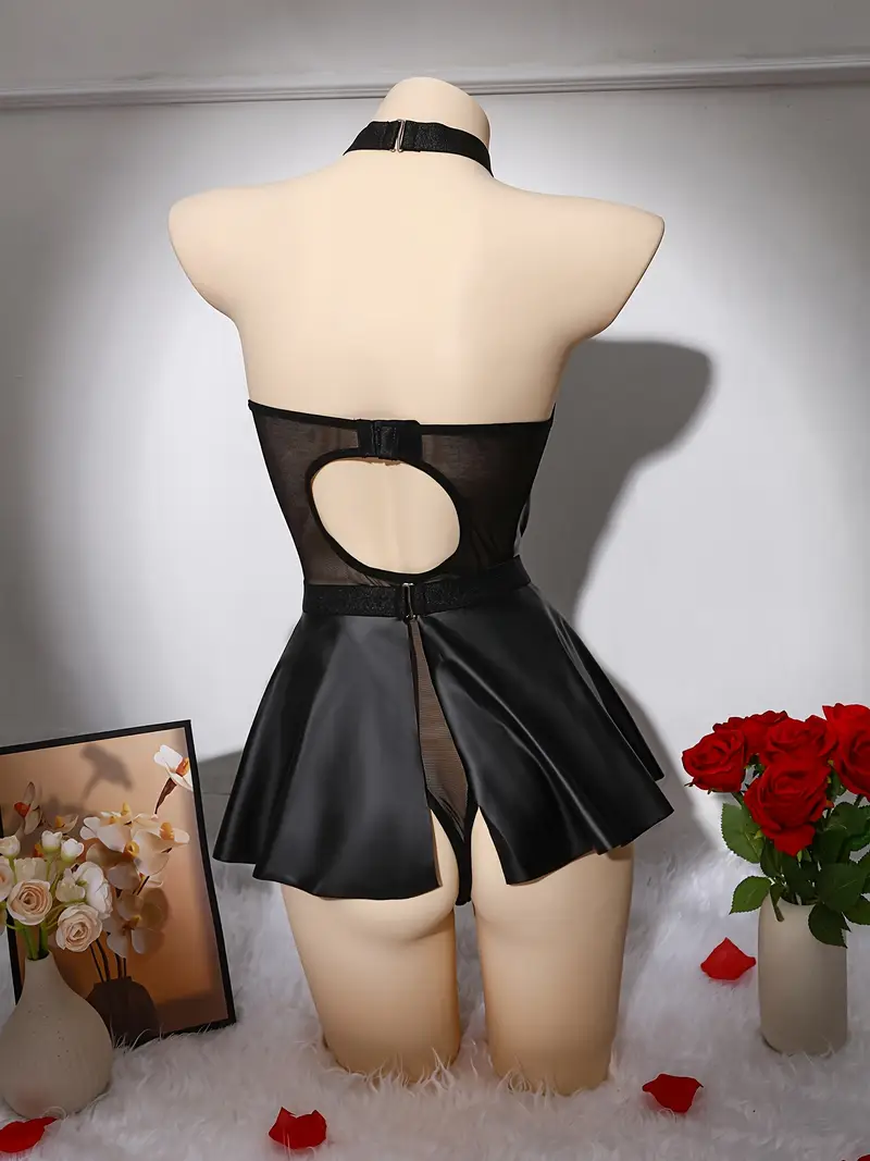 Black Mesh and Leather Babydoll Lingerie