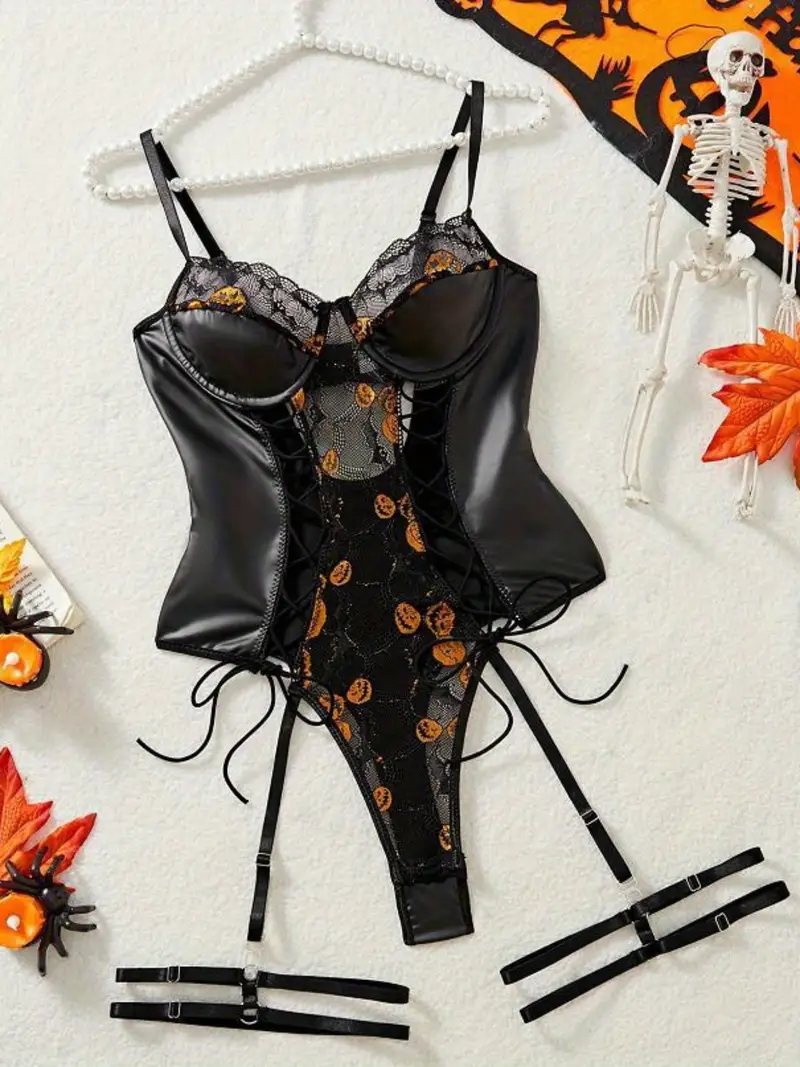 Black Floral Halloween Lace Bodysuit