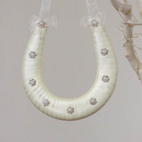 Studded Pearl White Ribbon Wedding Horseshoe