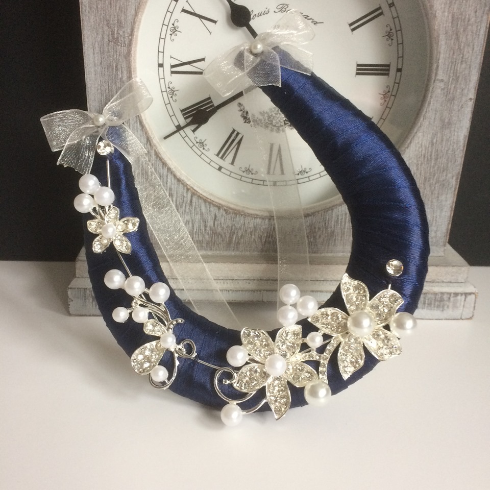 Navy Diamante Flowers Wedding Horseshoe With Bows