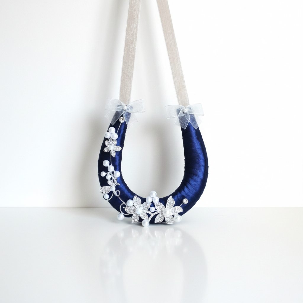Navy Diamante Flowers Wedding Horseshoe With Bows