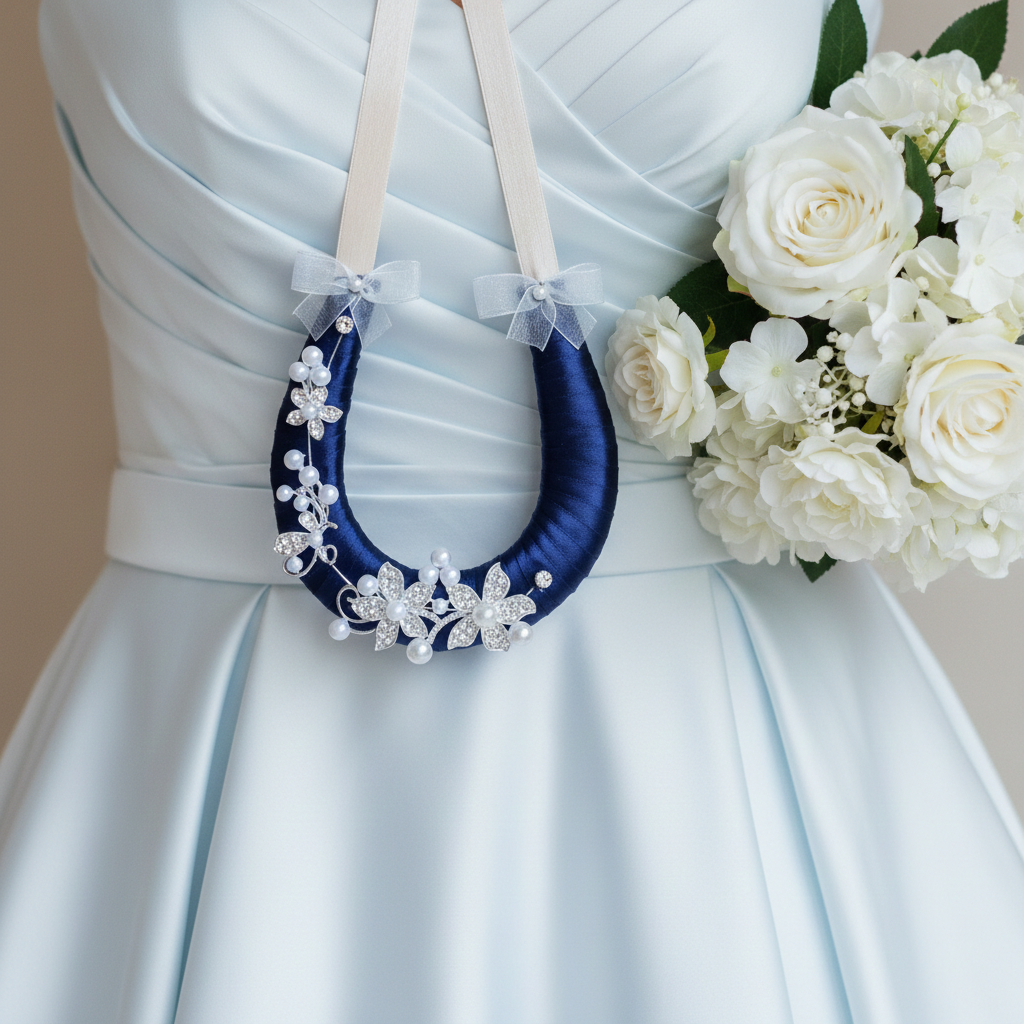 Navy Diamante Flowers Wedding Horseshoe With Bows
