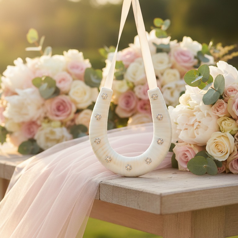 Studded Pearl White Ribbon Wedding Horseshoe