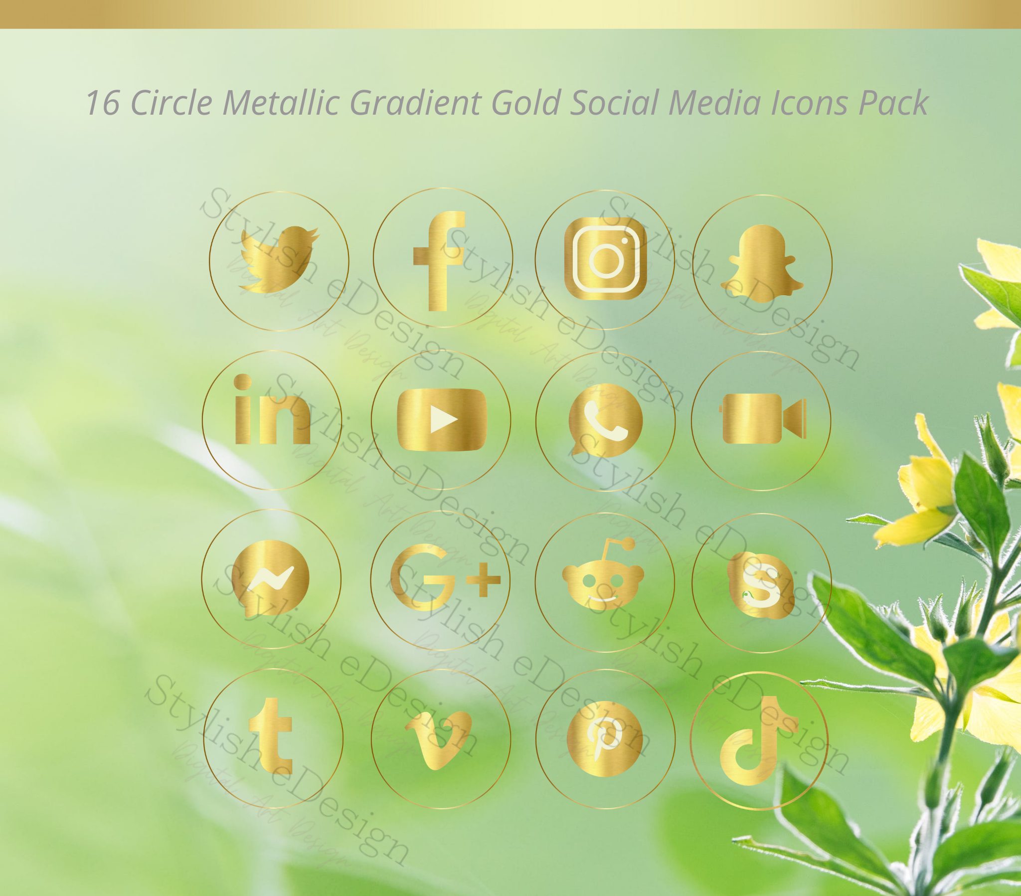 16 Round metallic gradient Gold - Social media icons set