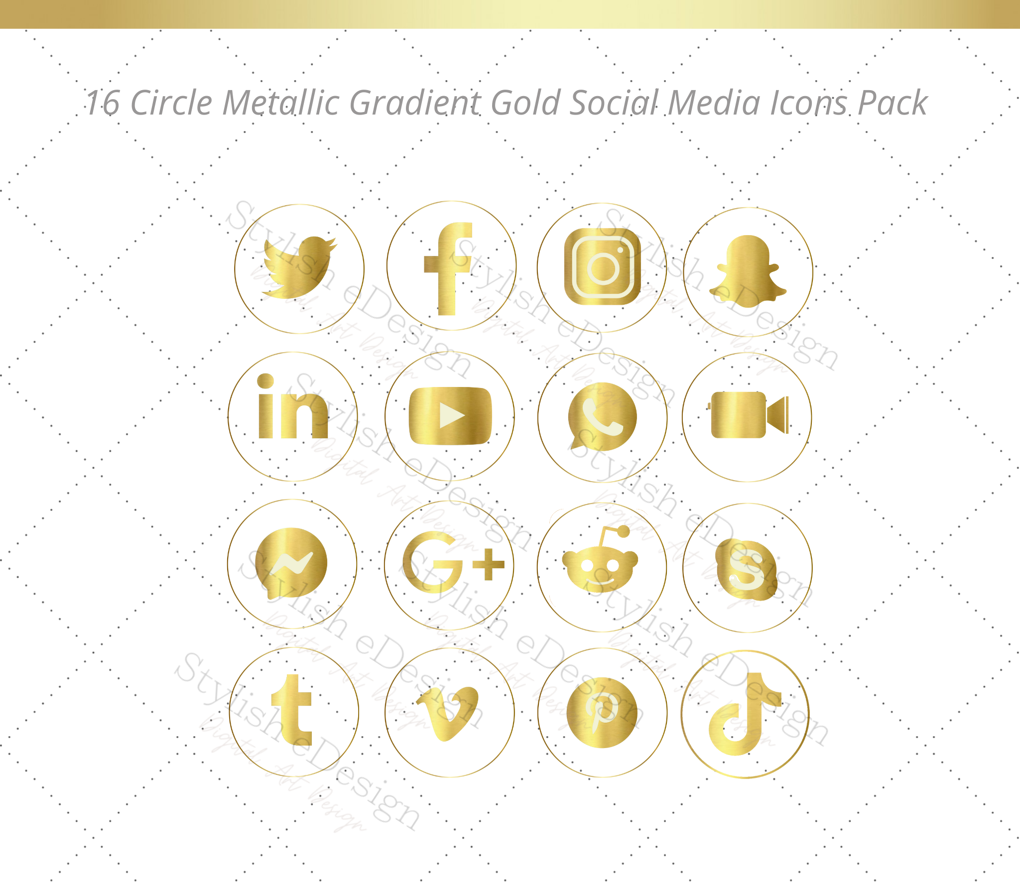 16 Round metallic gradient Gold - Social media icons set