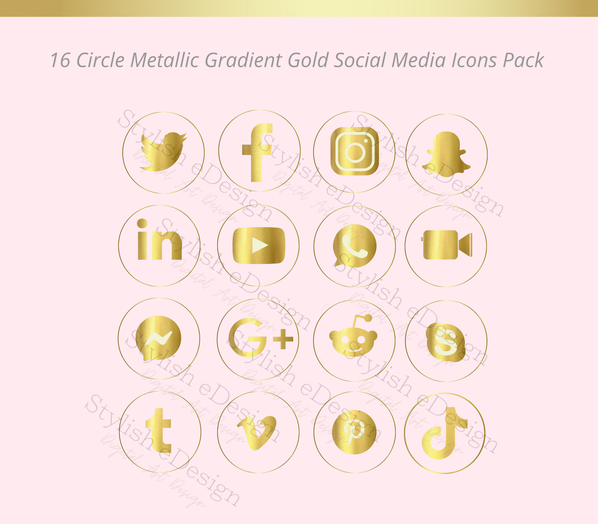 16 Round metallic gradient Gold - Social media icons set