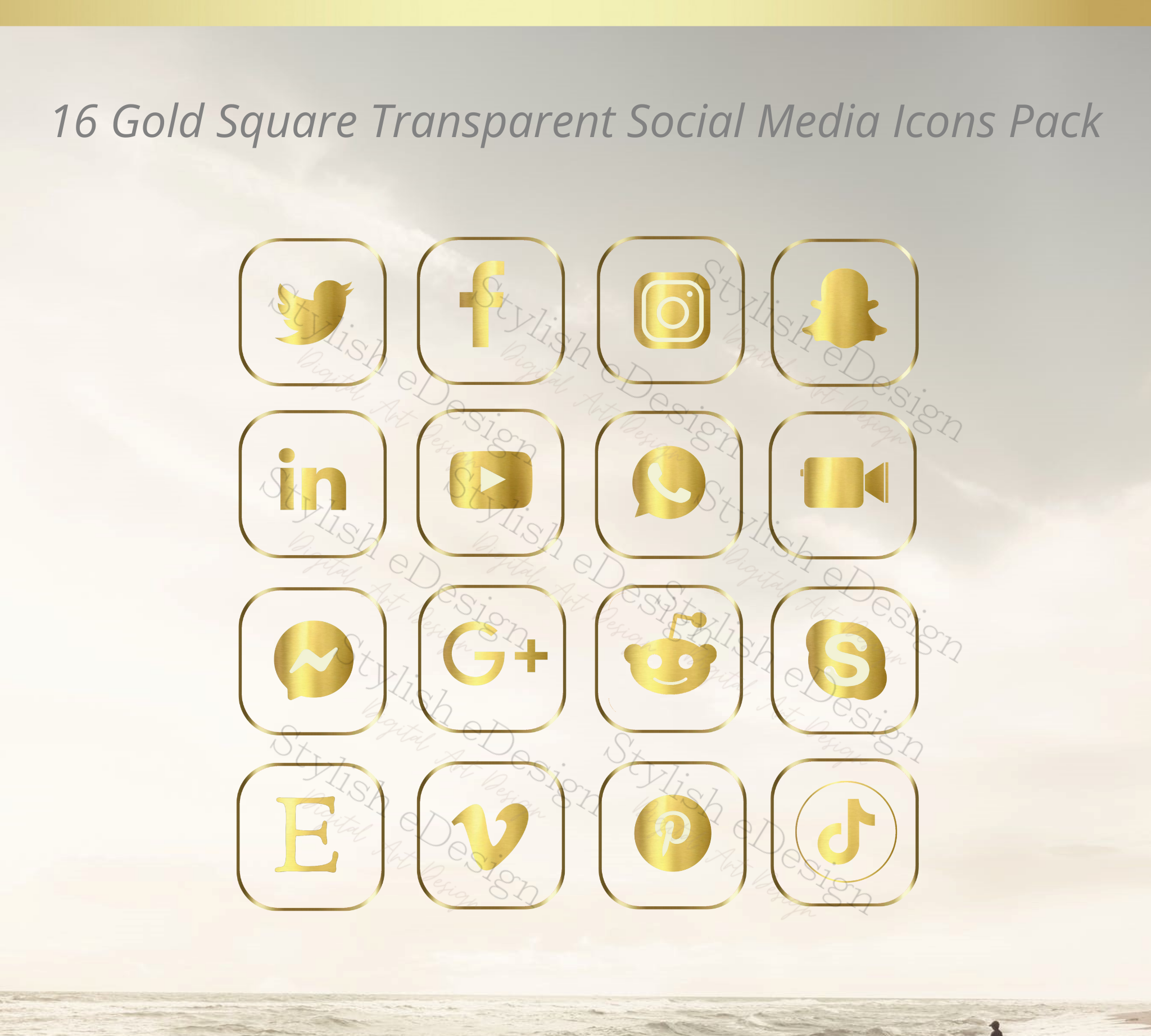 16 Square transparent gradient Gold - Social media icons set