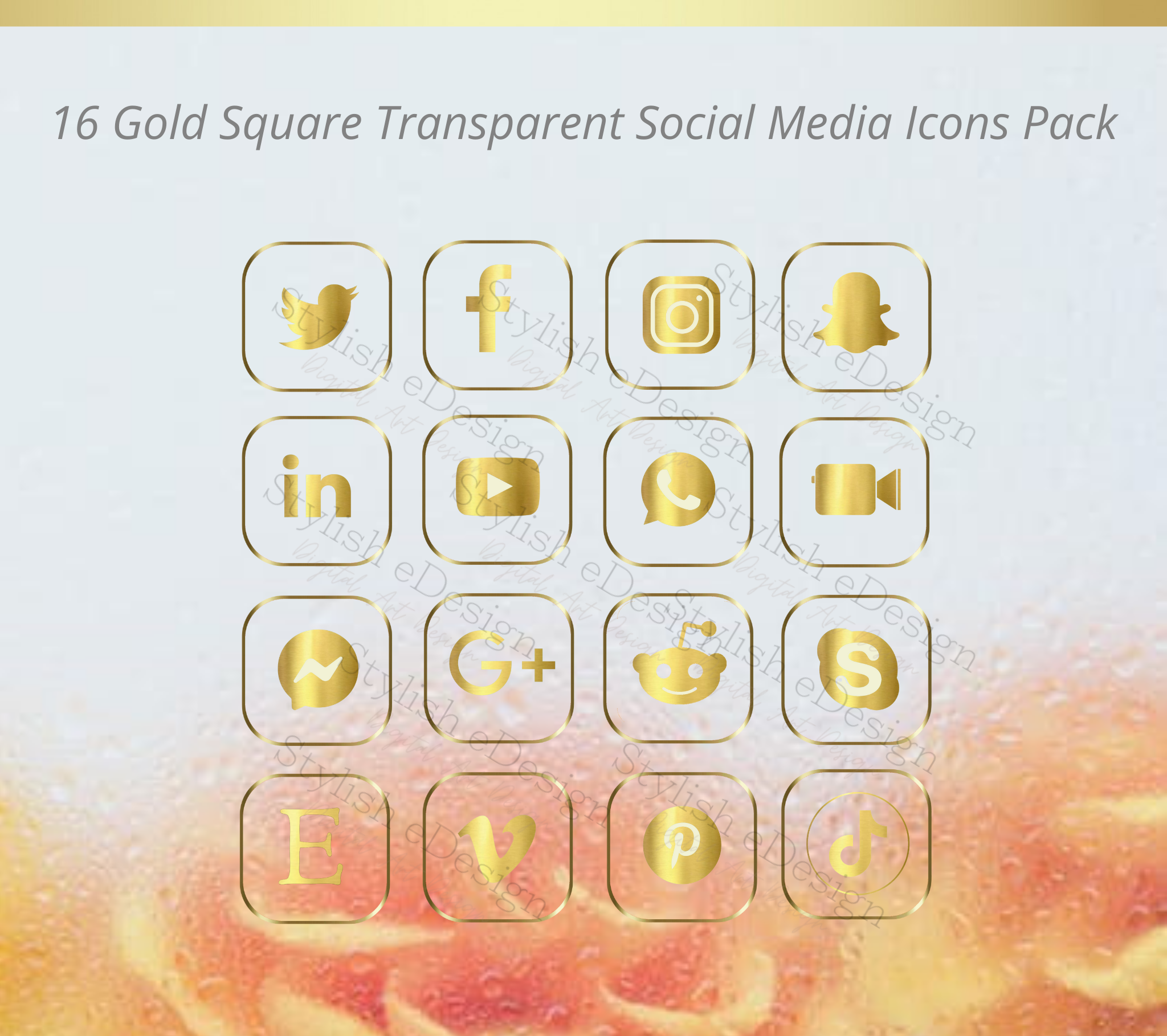 16 Square transparent gradient Gold - Social media icons set