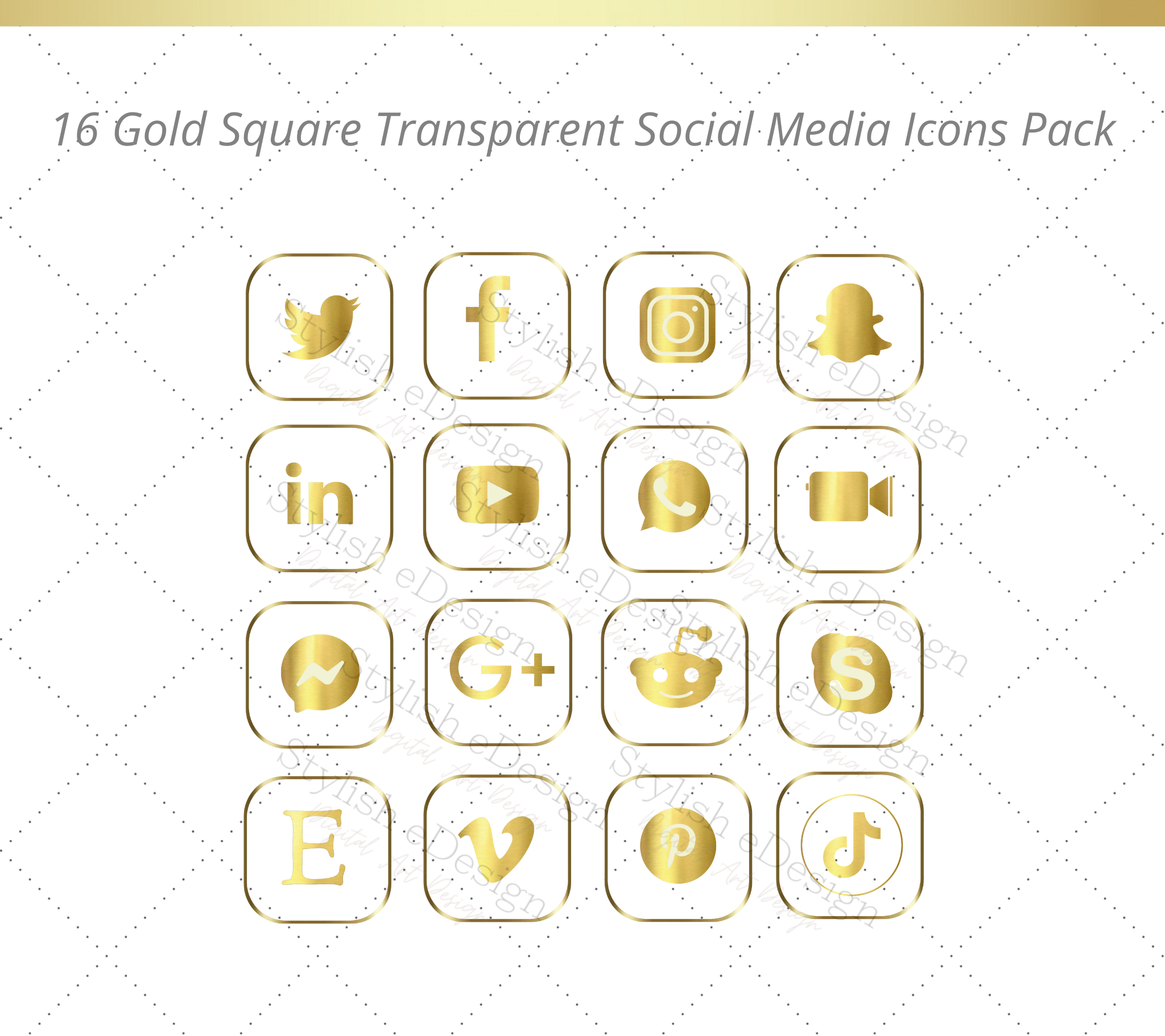 16 Square transparent gradient Gold - Social media icons set