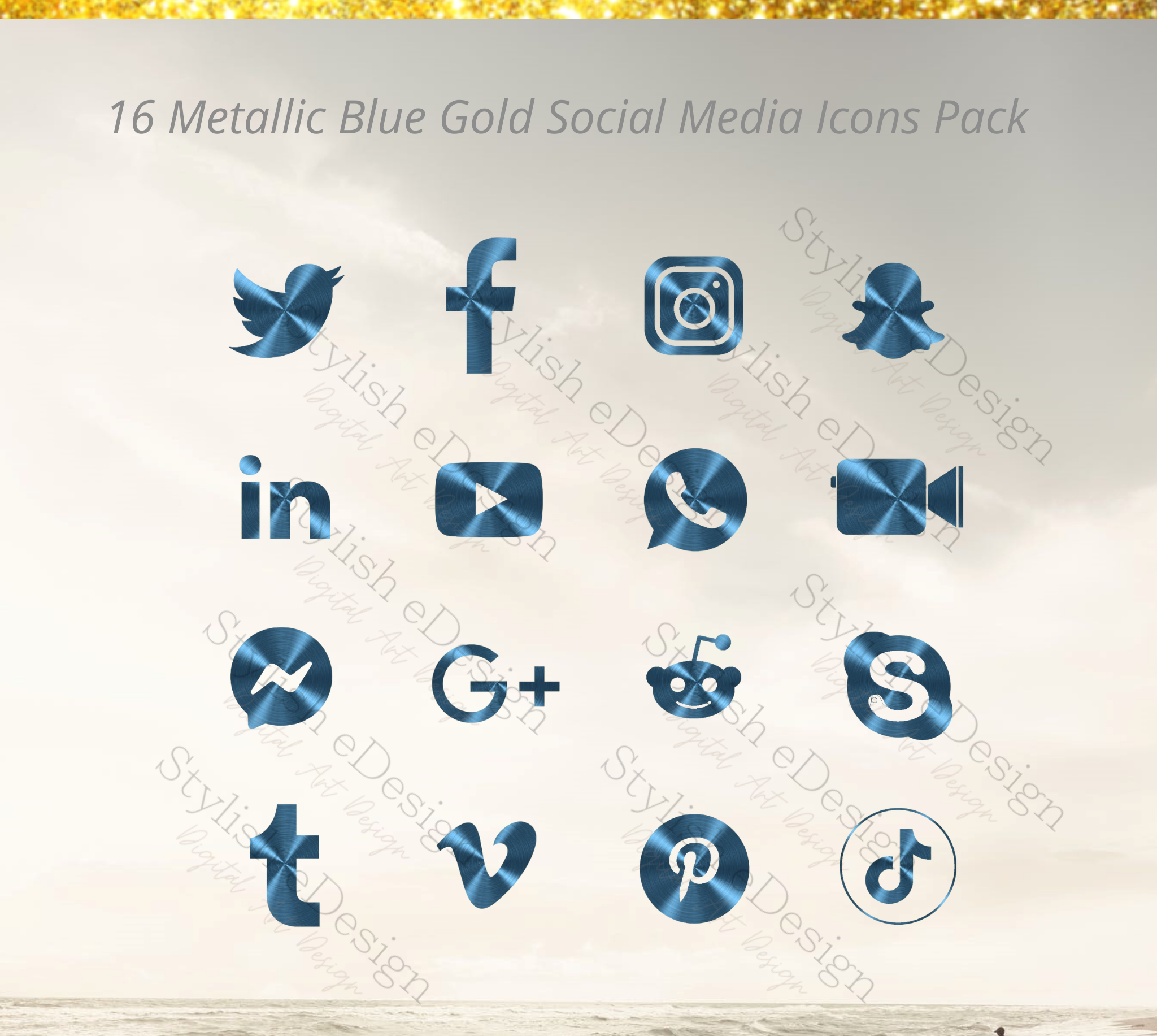 16 Blue Metallic gradient Gold - Social media icons set