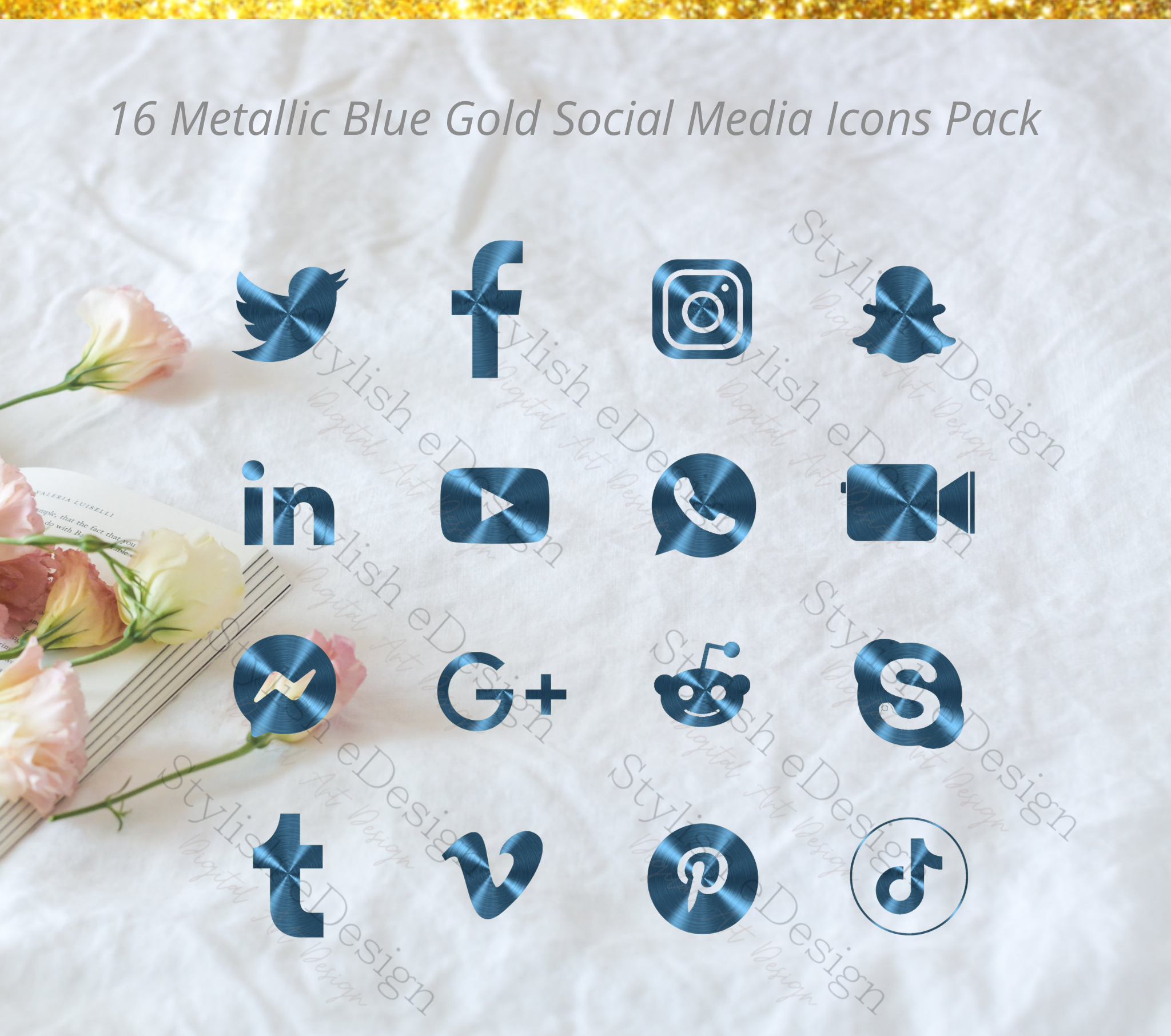 16 Blue Metallic gradient Gold - Social media icons set
