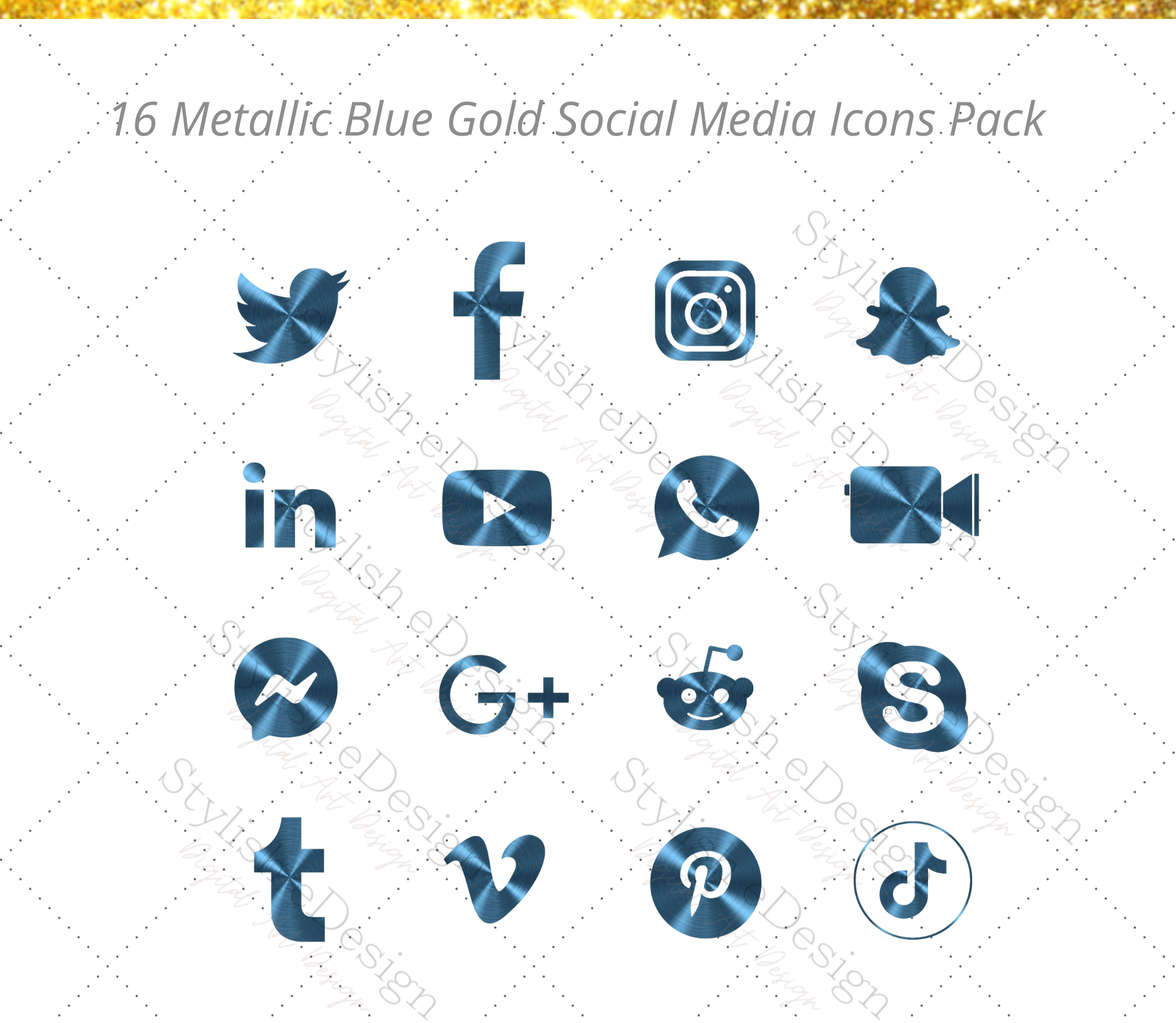 16 Blue Metallic gradient Gold - Social media icons set