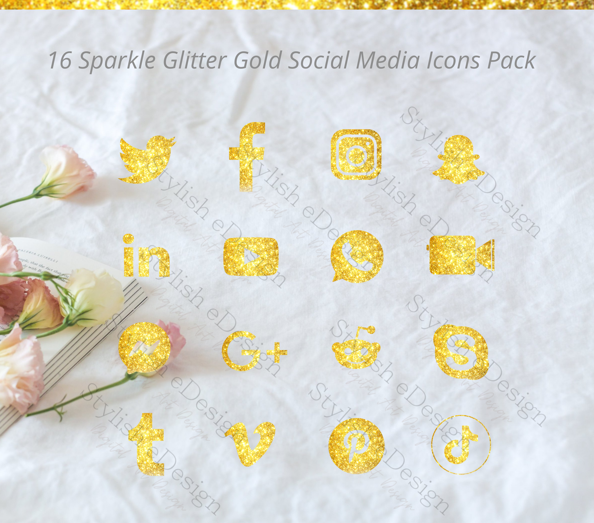 16 Sparkle Glitter Gold - Social media icons set