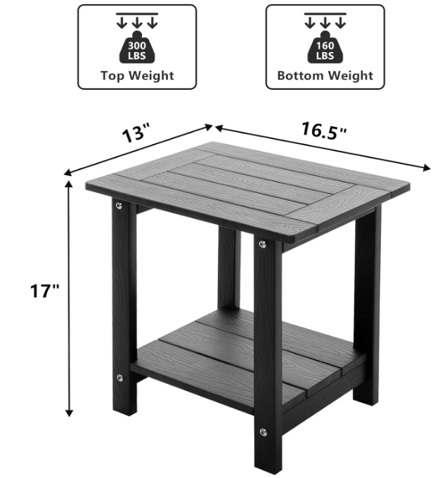 Double Adirondack Side Table Weather Resistant, Outdoor Rectangular End Table for Adirondack Chair, Black with Wood Grain