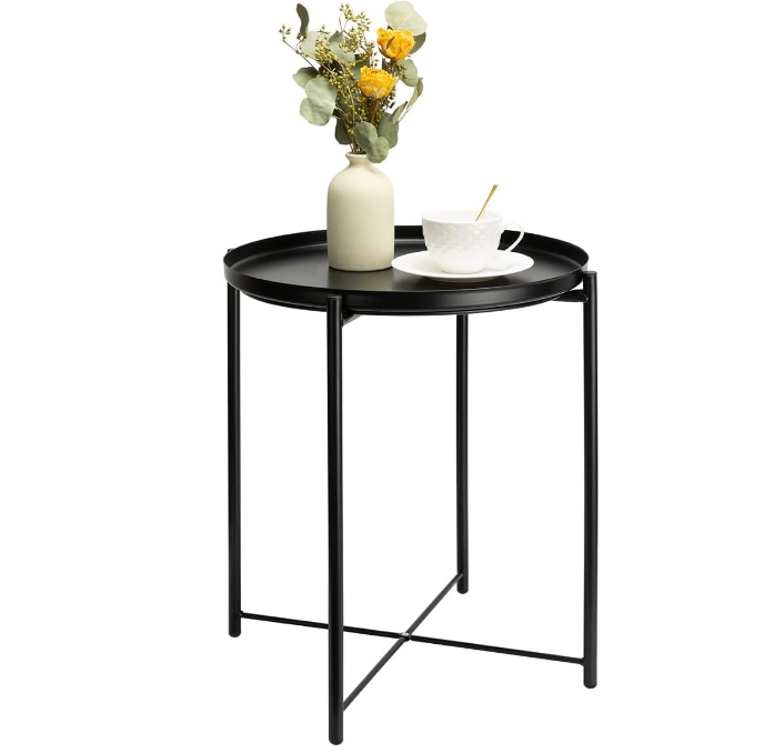 Metal Side Table, Black Side Table for Small Spaces Outdoor Patio Side Table Circle Metal Bedside Table Waterproof Removable Tray Round Accent Table for Nursery Bedroom Balcony Office Black