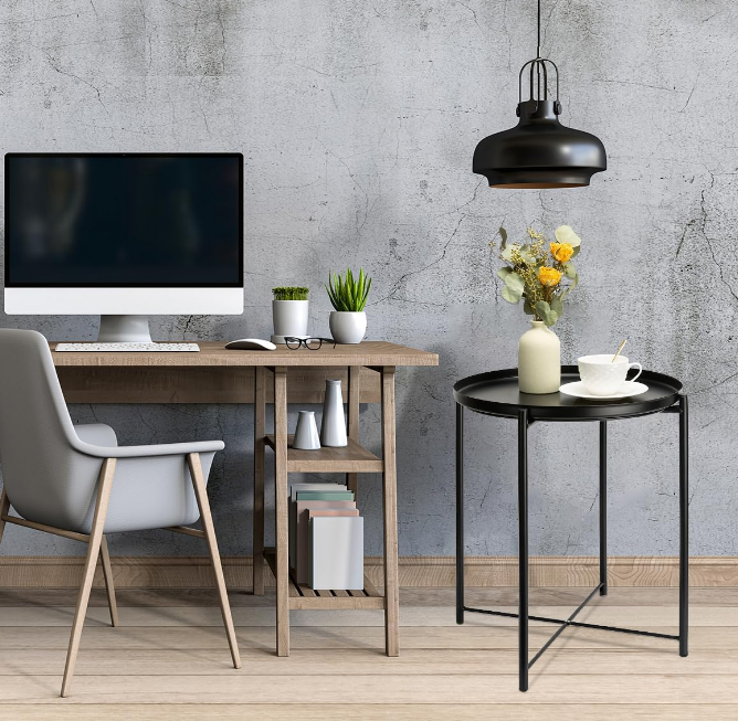 Metal Side Table, Black Side Table for Small Spaces Outdoor Patio Side Table Circle Metal Bedside Table Waterproof Removable Tray Round Accent Table for Nursery Bedroom Balcony Office Black