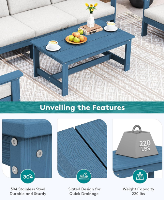 HDPE Patio Coffee Table for Balcony, Deck, Blue