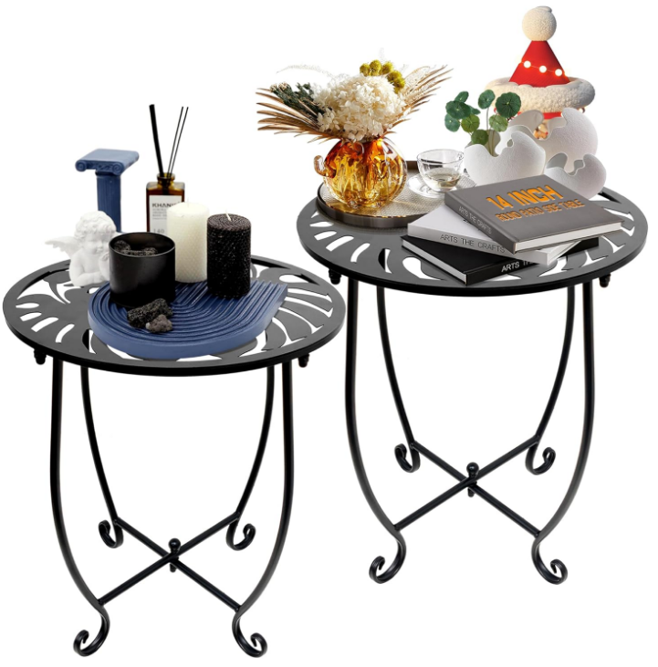 Outdoor Side Table for Small Spaces, 2 Pack 14 Inch Round Metal End Table for Patio Balcony Yard Porch, Anti-Rust Waterproof Accent Table for Indoor Outdoor Use, Easy Assembly