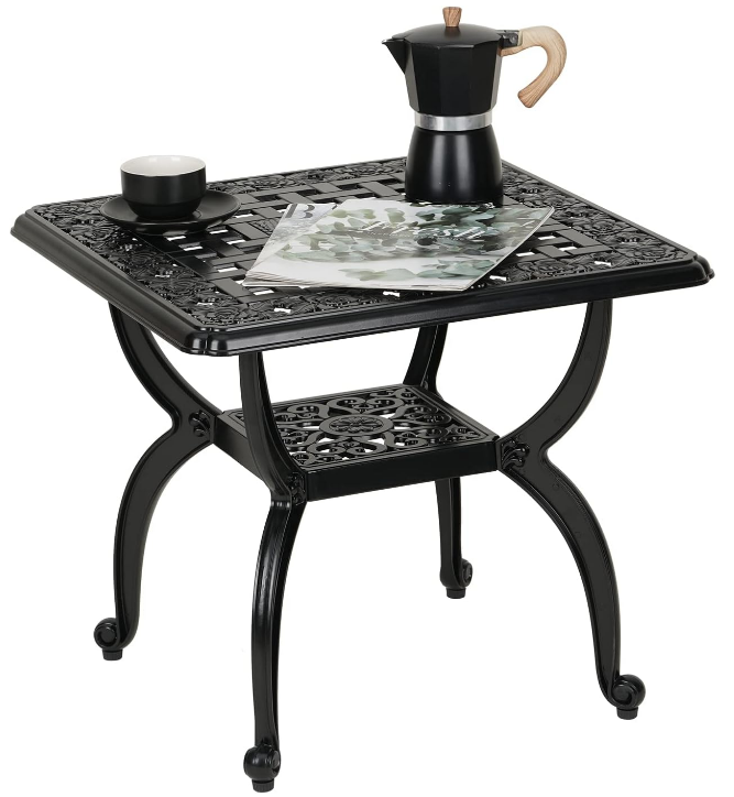 Cast Aluminum Outdoor Side Table,Anti-Rust Outdoor End Table,Patio Coffee Bistro Table for Indoor,Garden,Porch,Balcony(Square Black)