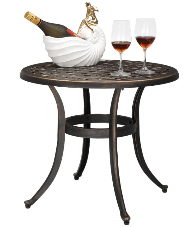 24” Cast Aluminum Outdoor Side Table, All Weather Round Patio Coffee Table Porch Table Outdoor Bistro Table Outdoor End Table Bronze