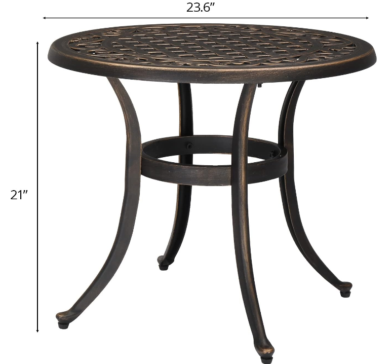 24” Cast Aluminum Outdoor Side Table, All Weather Round Patio Coffee Table Porch Table Outdoor Bistro Table Outdoor End Table Bronze