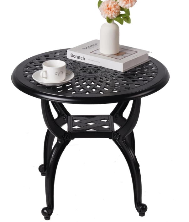 Cast Aluminum Outdoor Side Table,Outdoor Coffee Table,Small Outdoor Table,Outdoor Side Tables for Patio,Garden,Balcony, for All Weather (Black, Round)