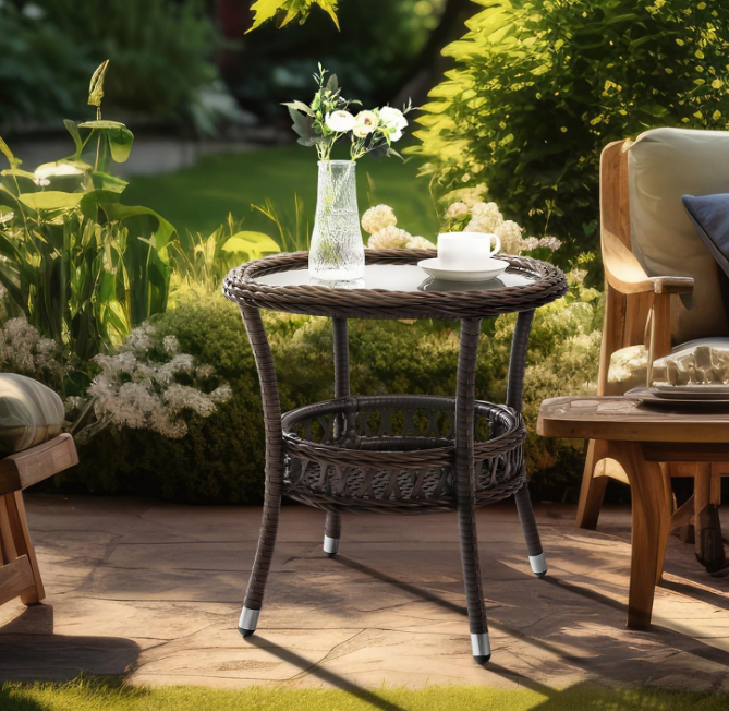 Outdoor Side Table Patio Wicker Coffee Table Outdoor End Table Rattan Bistro Table with Storage & Black Glass Table Top Round for Outside Balcony Porch Backyard Deck Brown