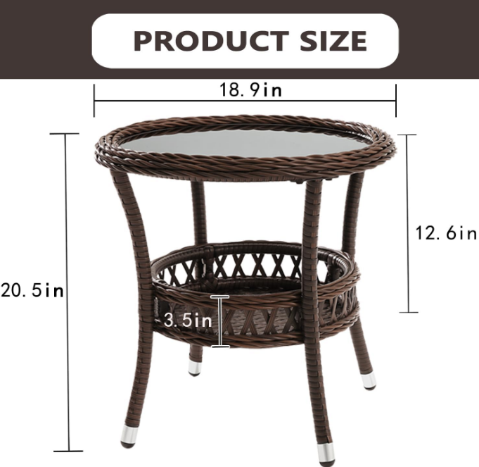 Outdoor Side Table Patio Wicker Coffee Table Outdoor End Table Rattan Bistro Table with Storage & Black Glass Table Top Round for Outside Balcony Porch Backyard Deck Brown