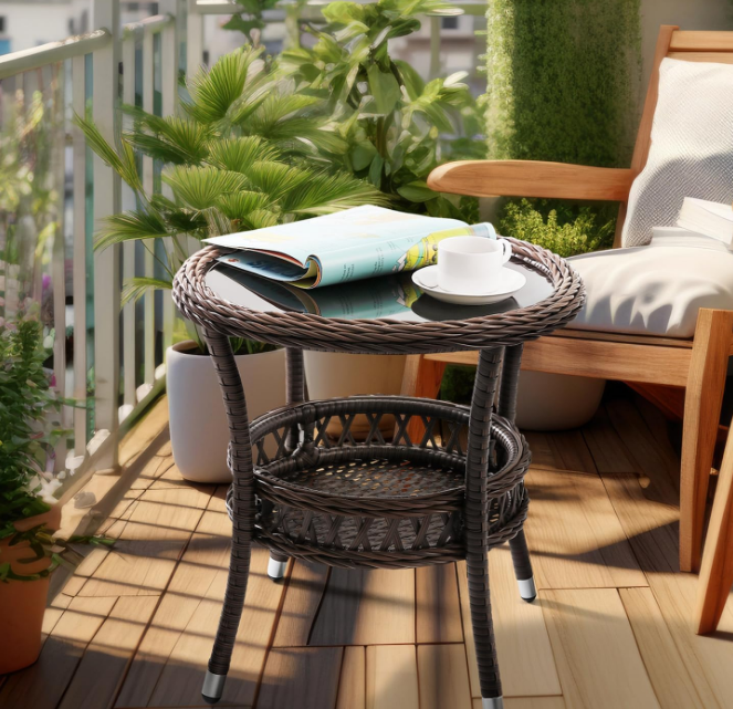 Outdoor Side Table Patio Wicker Coffee Table Outdoor End Table Rattan Bistro Table with Storage & Black Glass Table Top Round for Outside Balcony Porch Backyard Deck Brown