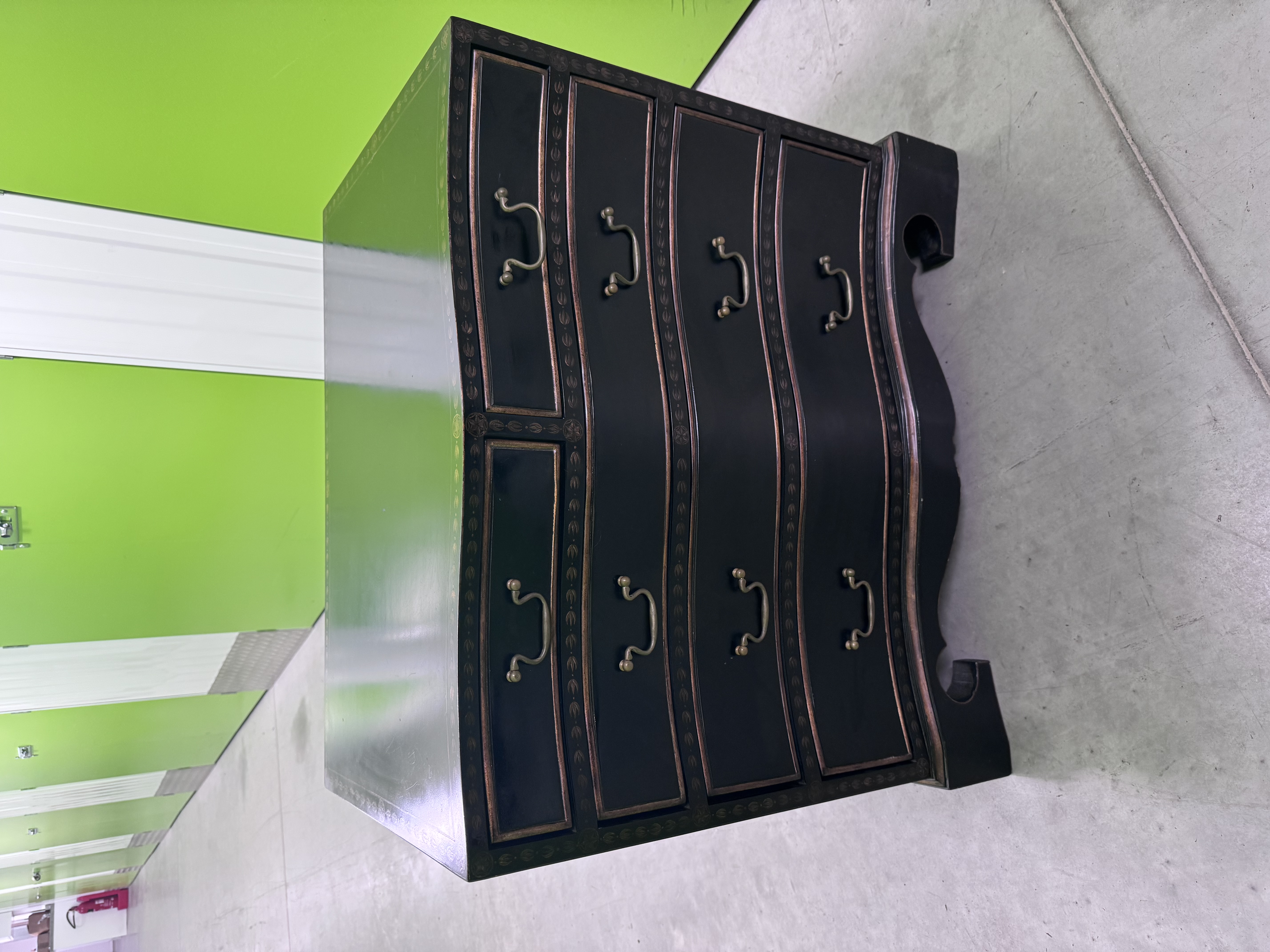 Serpintine Fronted Solid Wood Black Chest of Drawers with Gilt Decoration